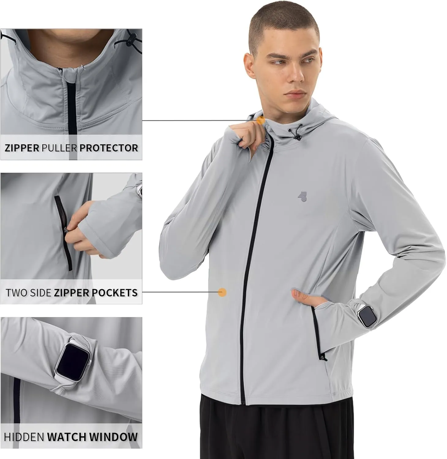 Mens Sun Jacket UPF 50  Hoodie Full Zip Uv Protection SPF Cooling Lightweight Thin Summer Athletic Track Jacket Thumb Holes