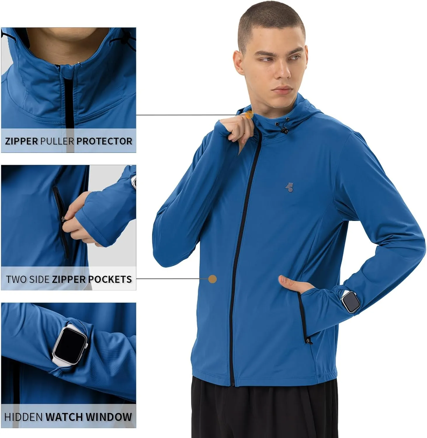 Mens Sun Jacket UPF 50  Hoodie Full Zip Uv Protection SPF Cooling Lightweight Thin Summer Athletic Track Jacket Thumb Holes