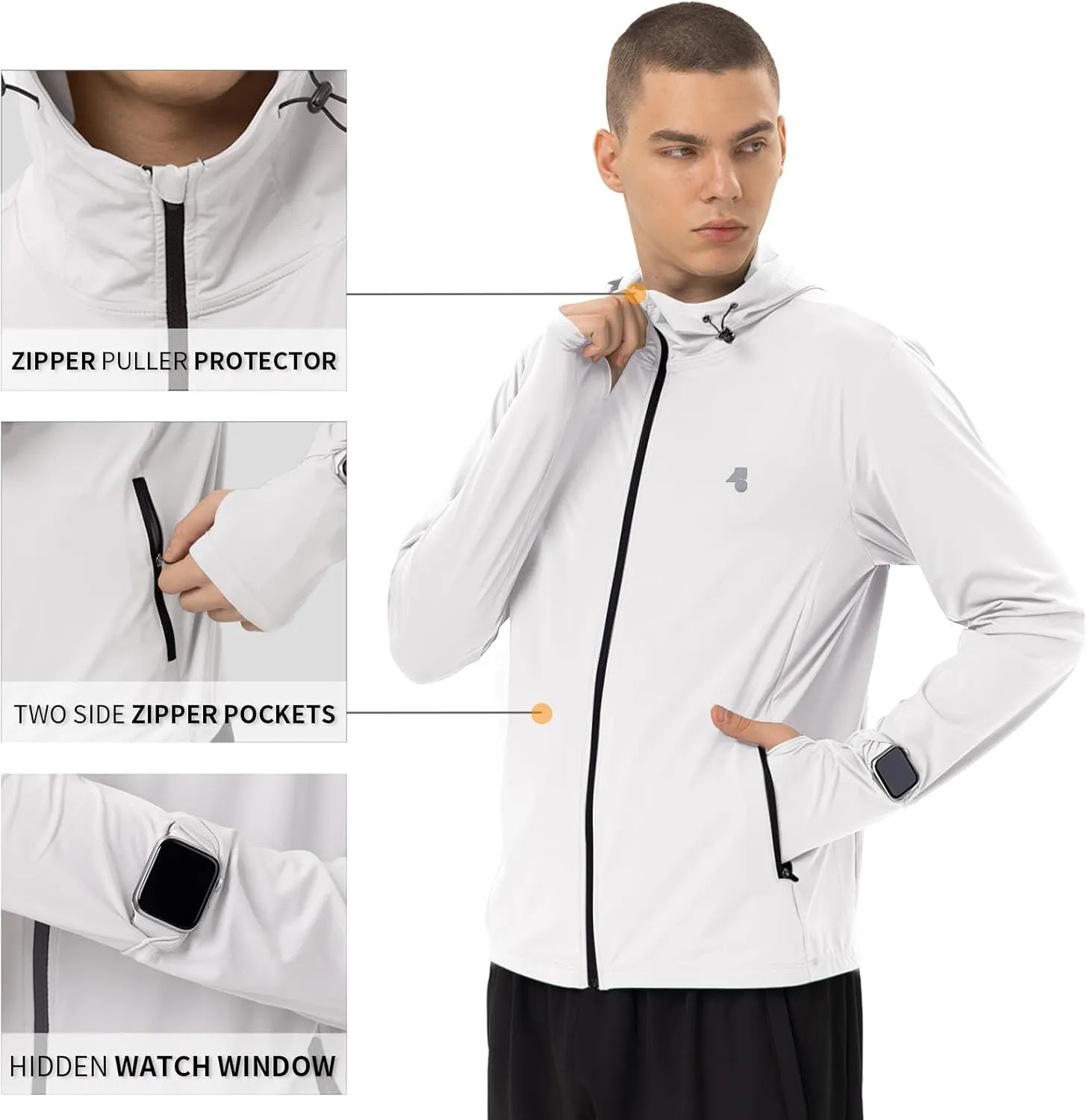 Mens Sun Jacket UPF 50  Hoodie Full Zip Uv Protection SPF Cooling Lightweight Thin Summer Athletic Track Jacket Thumb Holes