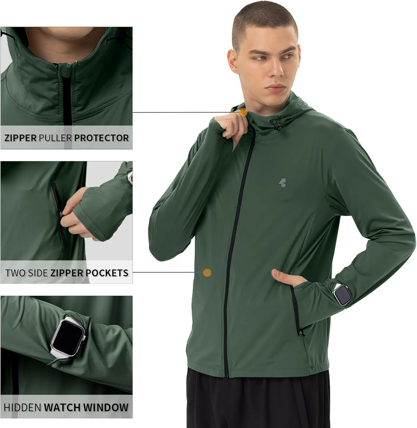 Mens Sun Jacket UPF 50  Hoodie Full Zip Uv Protection SPF Cooling Lightweight Thin Summer Athletic Track Jacket Thumb Holes