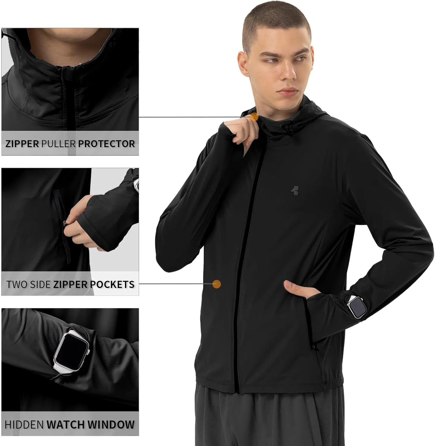 Mens Sun Jacket UPF 50  Hoodie Full Zip Uv Protection SPF Cooling Lightweight Thin Summer Athletic Track Jacket Thumb Holes