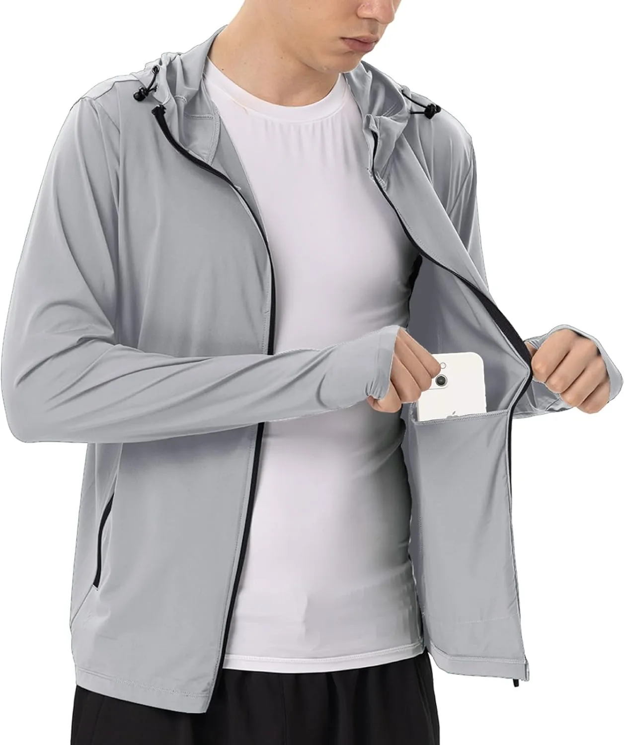 Mens Sun Jacket UPF 50  Hoodie Full Zip Uv Protection SPF Cooling Lightweight Thin Summer Athletic Track Jacket Thumb Holes