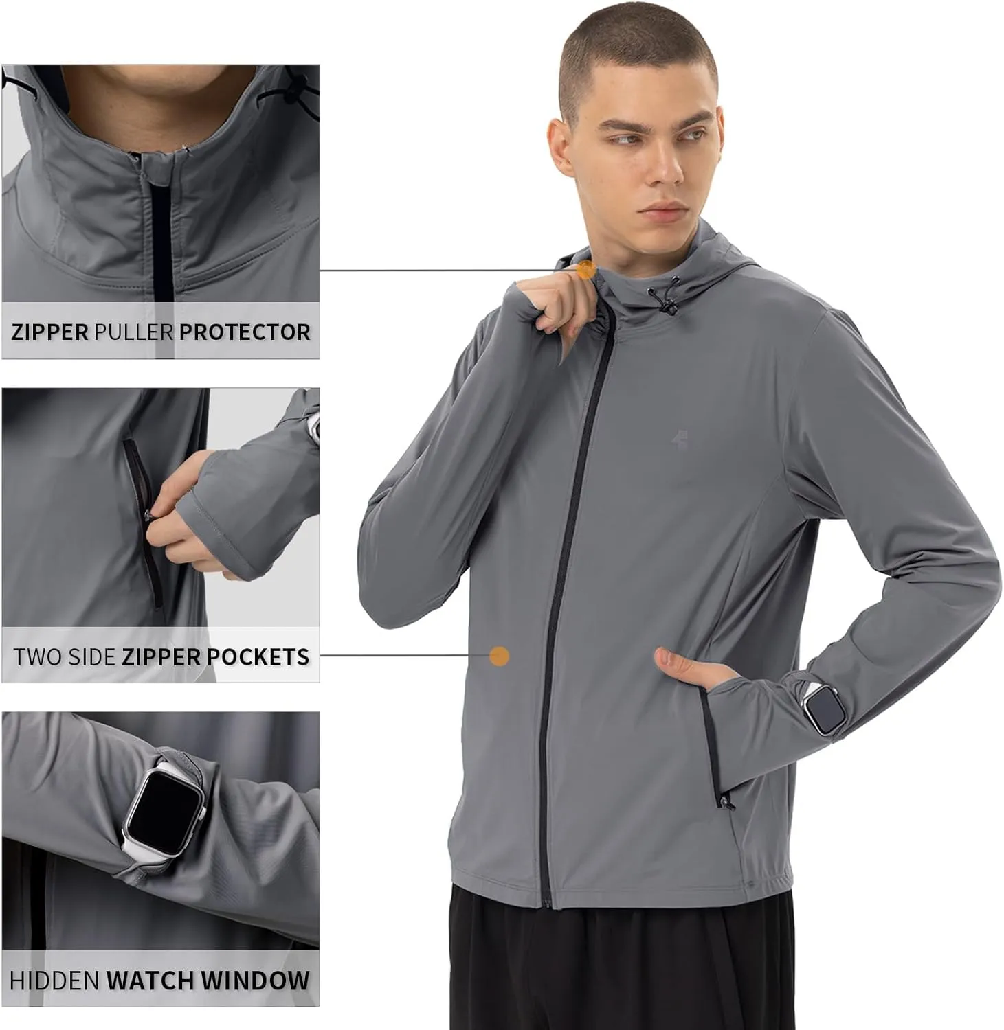 Mens Sun Jacket UPF 50  Hoodie Full Zip Uv Protection SPF Cooling Lightweight Thin Summer Athletic Track Jacket Thumb Holes
