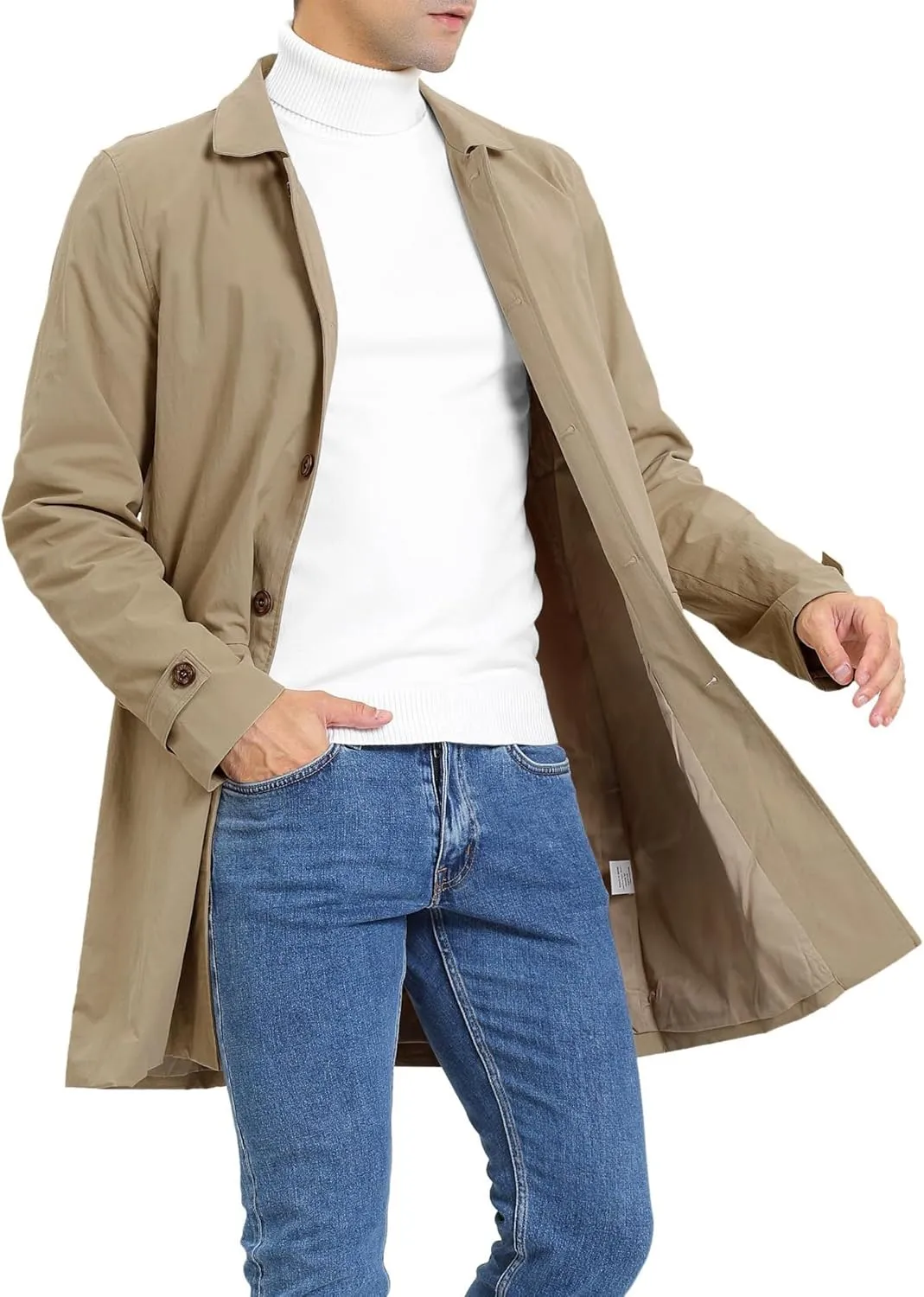 Mens Trench Coat Slim Fit Single Breasted Casual Long Jacket Lightweight Lapel Fall Windbreaker Overcoat