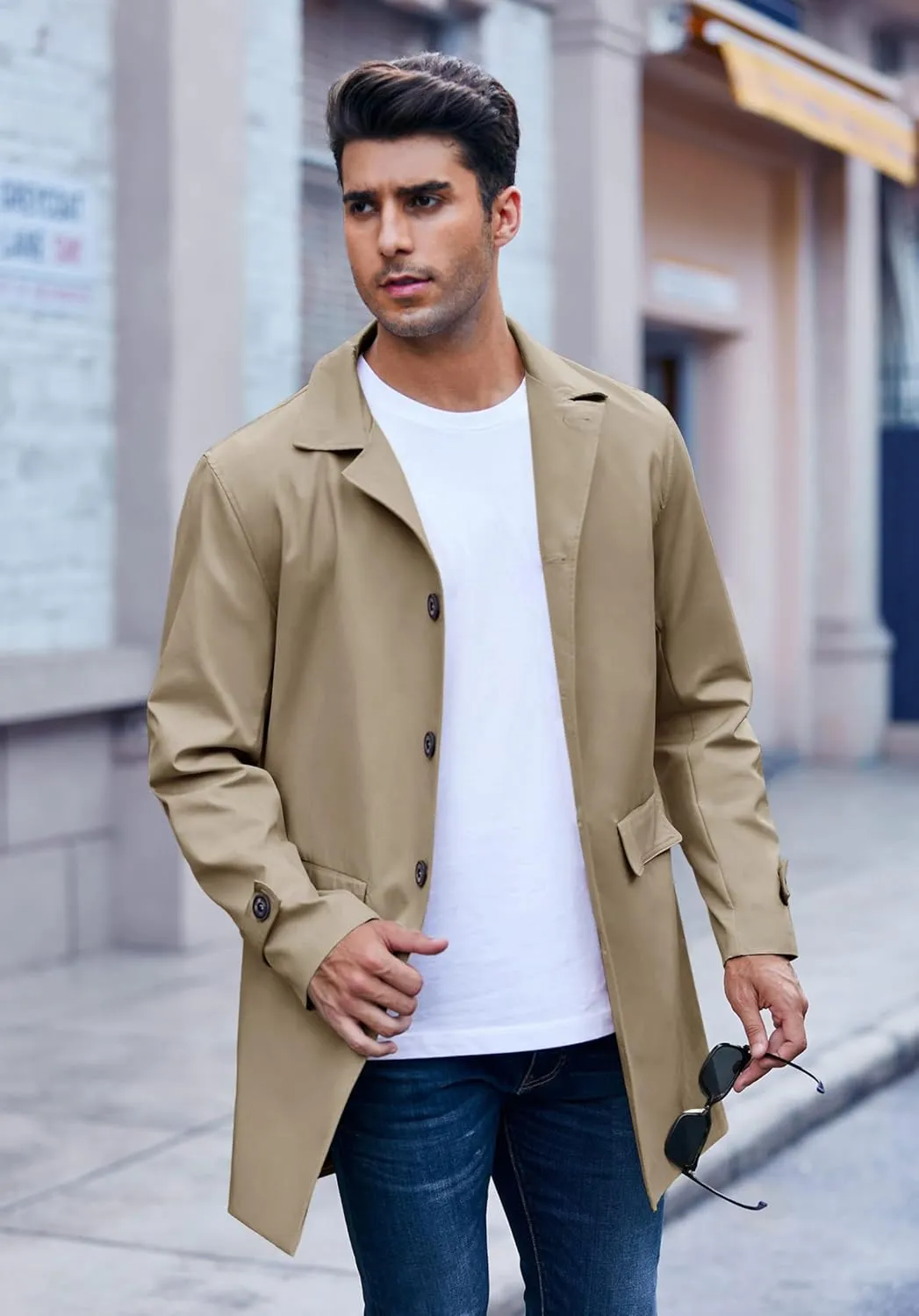 Mens Trench Coat Slim Fit Single Breasted Casual Long Jacket Lightweight Lapel Fall Windbreaker Overcoat