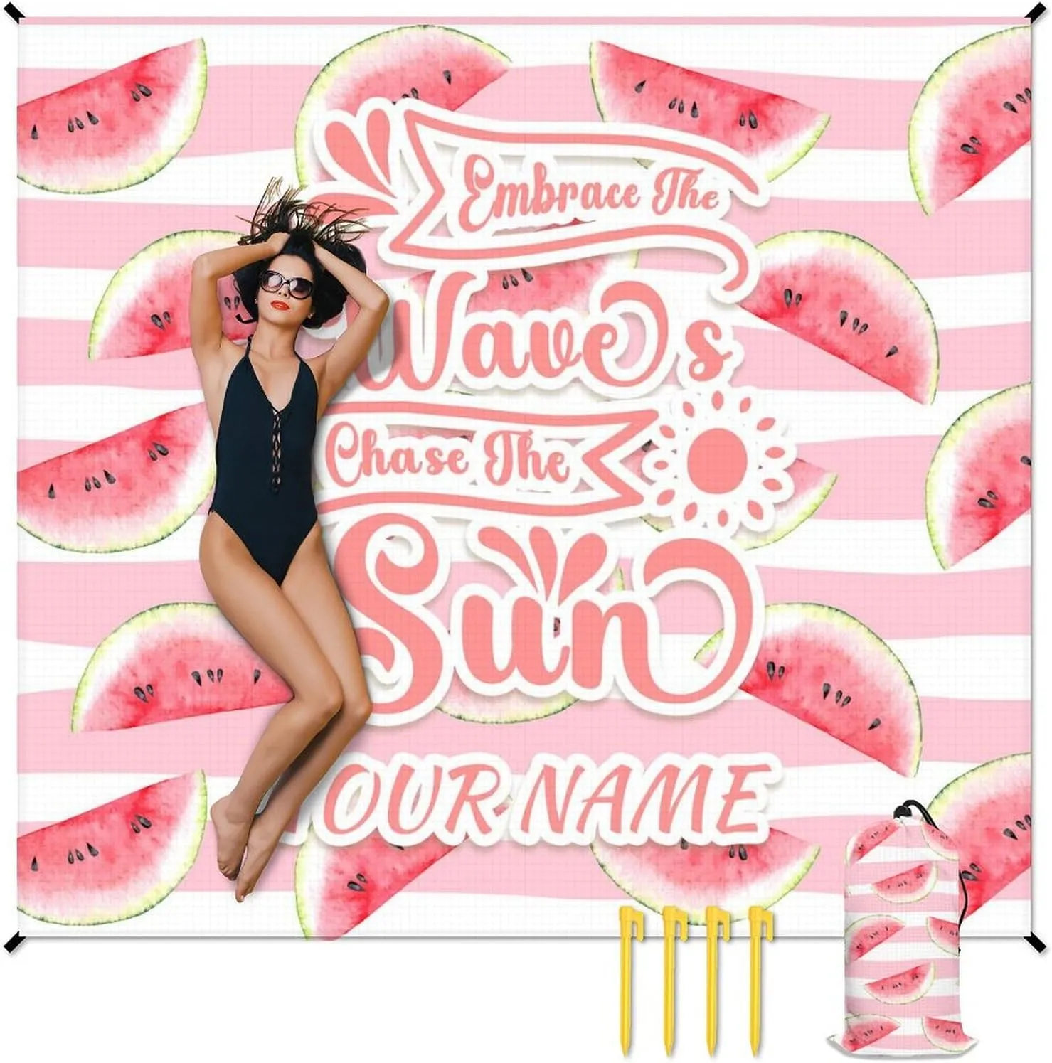Mercuryelf Beach Mat Sand Free Waterproof - Beach Accessories Must Haves with Stakes & Sand Pocket - Custom Pink Beach Blanket Gift - 87x79 Inches Camping Picnic Blankets for Outdoors