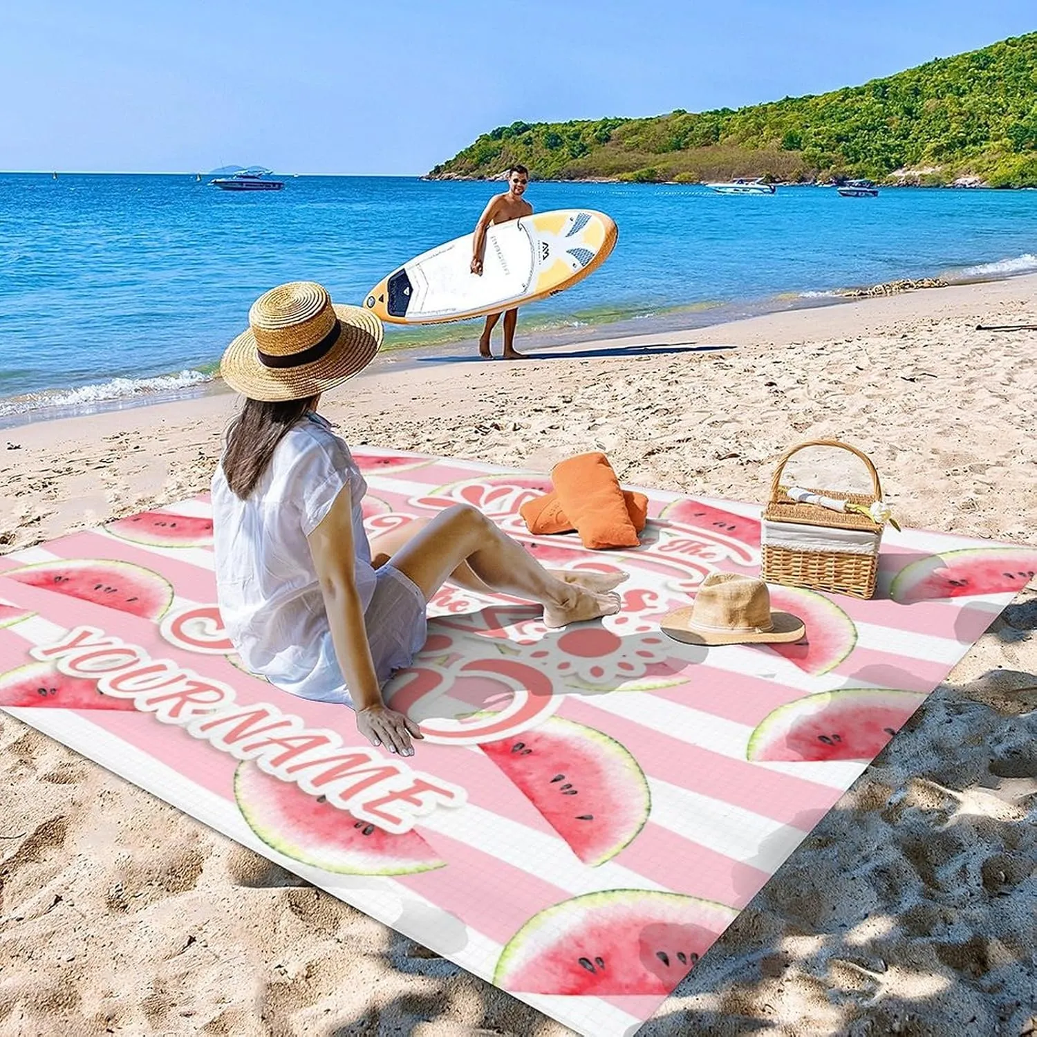 Mercuryelf Beach Mat Sand Free Waterproof - Beach Accessories Must Haves with Stakes & Sand Pocket - Custom Pink Beach Blanket Gift - 87x79 Inches Camping Picnic Blankets for Outdoors