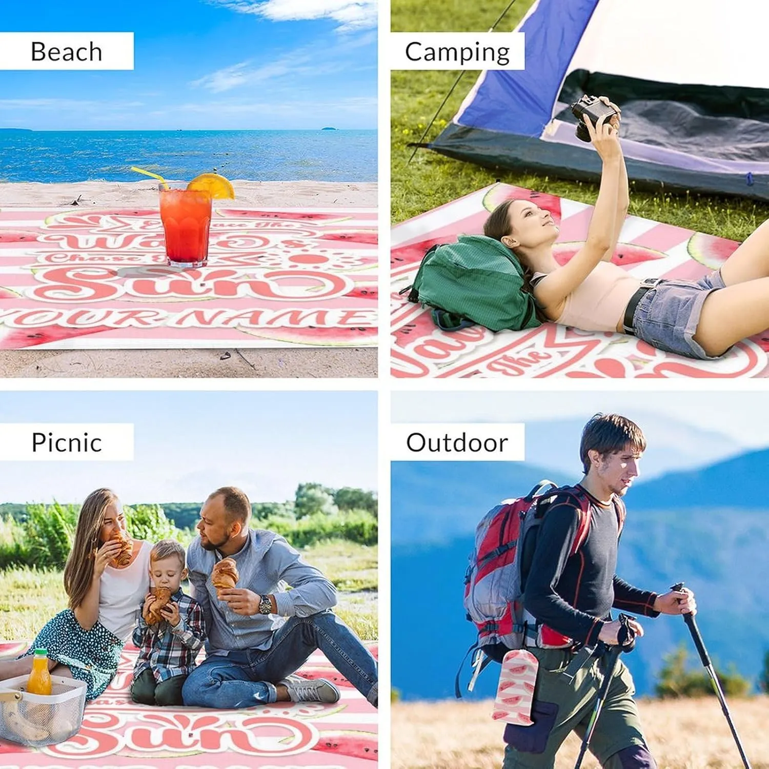 Mercuryelf Beach Mat Sand Free Waterproof - Beach Accessories Must Haves with Stakes & Sand Pocket - Custom Pink Beach Blanket Gift - 87x79 Inches Camping Picnic Blankets for Outdoors