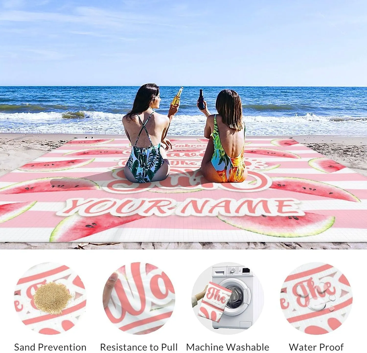 Mercuryelf Beach Mat Sand Free Waterproof - Beach Accessories Must Haves with Stakes & Sand Pocket - Custom Pink Beach Blanket Gift - 87x79 Inches Camping Picnic Blankets for Outdoors