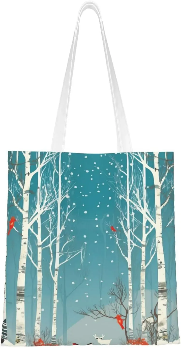 Merry Christmas Birch Tree printed Reusable Tote Shopping Bag Fashion Handbag
