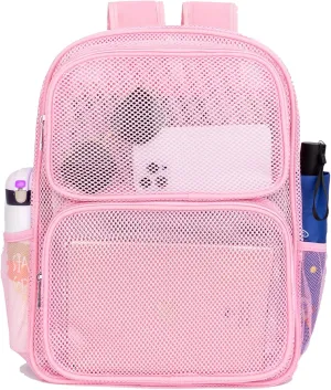 Mesh Backpack for School Heavy Duty Mesh Book Bag See Through Backpack for School Beach, Travel-Pink