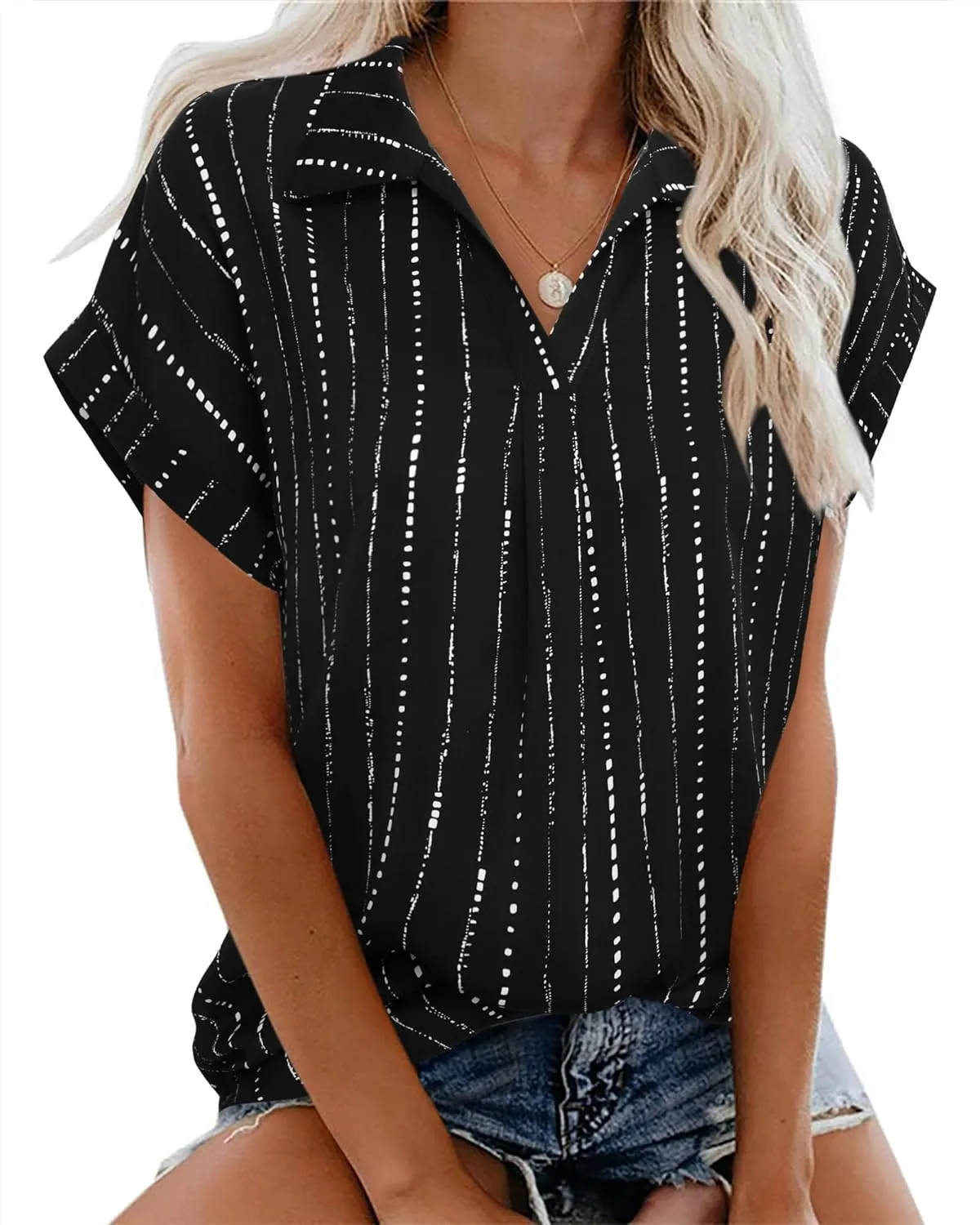 Messic Womens Short Sleeve Blouses Collared V Neck Shirts Chiffon Summer Business Casual Tops