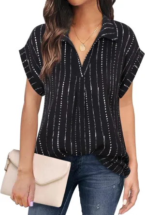 Messic Womens Short Sleeve Blouses Collared V Neck Shirts Chiffon Summer Business Casual Tops