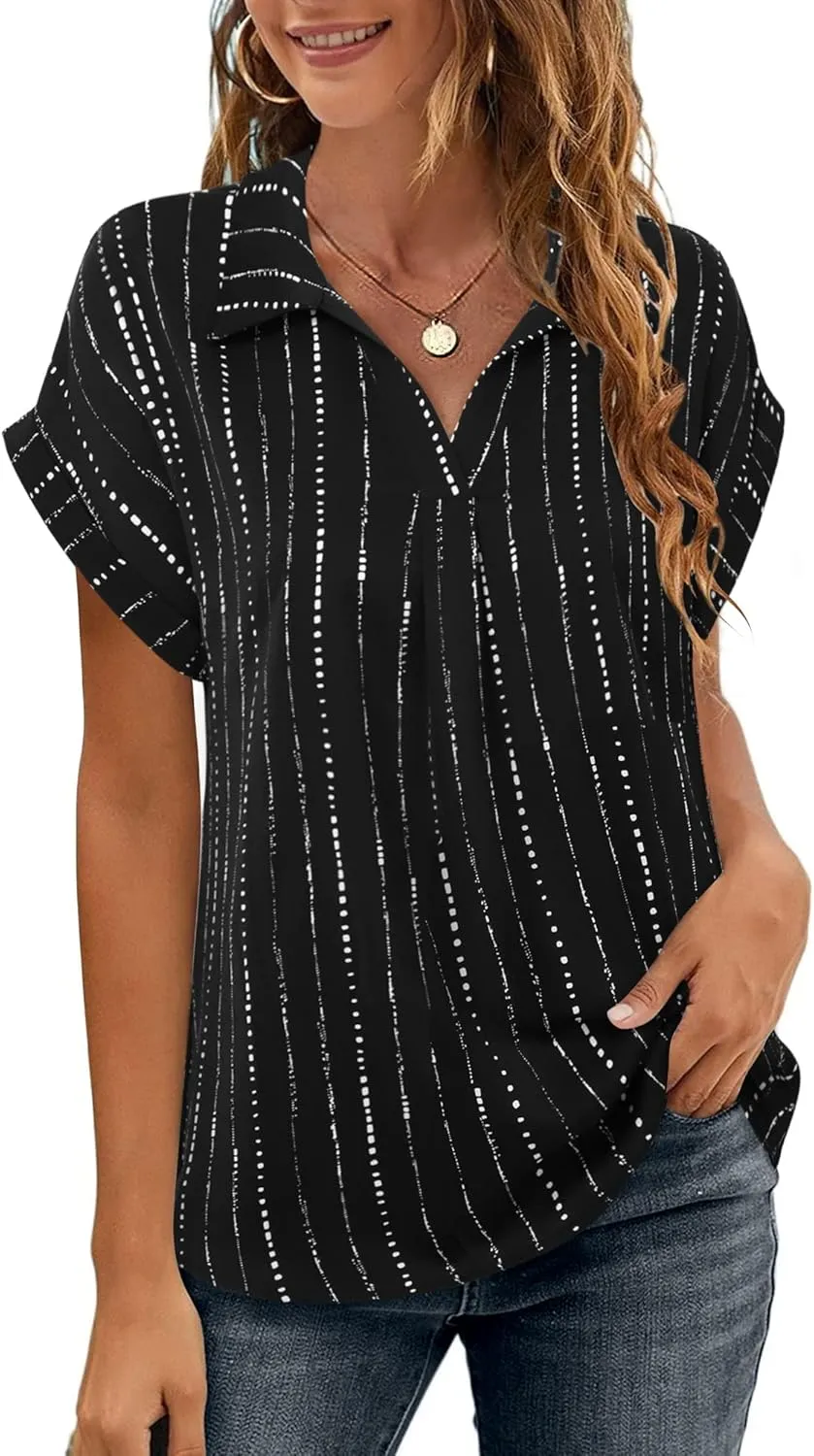 Messic Womens Short Sleeve Blouses Collared V Neck Shirts Chiffon Summer Business Casual Tops