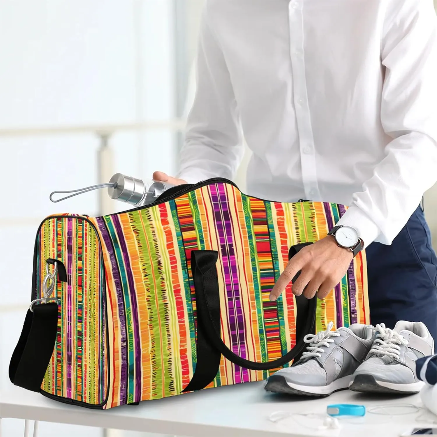 Mexican Stripes Travel Duffle Bag, Sports Gym Bags for Women Men, Carry On Weekender Overnight Workout Airplane Trips Bag