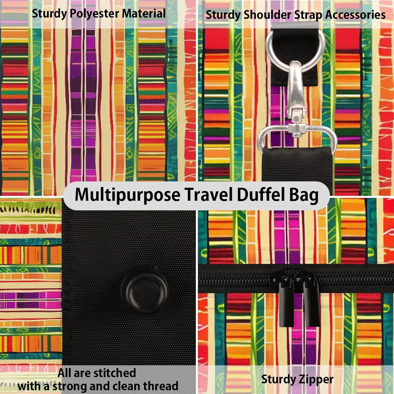 Mexican Stripes Travel Duffle Bag, Sports Gym Bags for Women Men, Carry On Weekender Overnight Workout Airplane Trips Bag