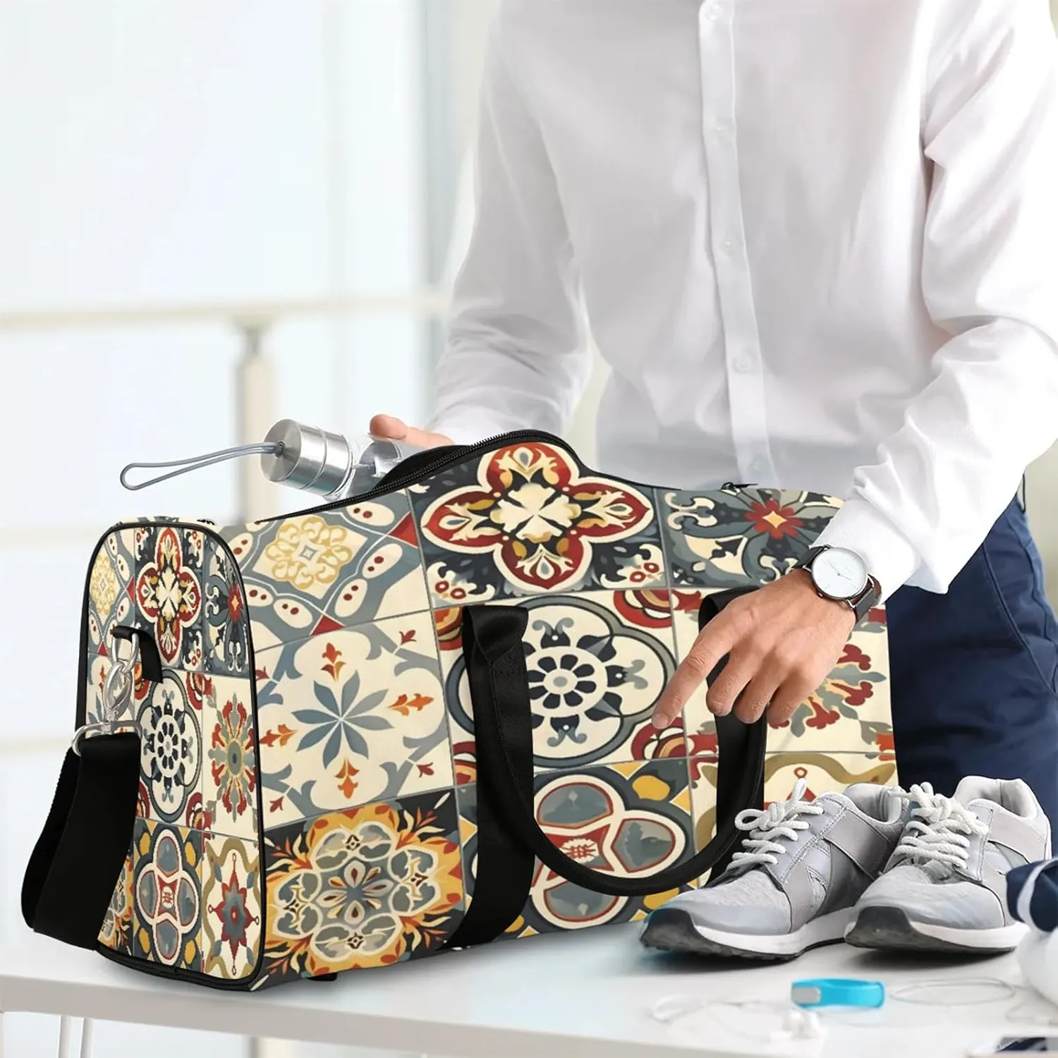 Mexican Tile Boho Mexico Travel Duffle Bag, Sports Gym Bags for Women Men, Carry On Weekender Overnight Workout Airplane Trips Bag