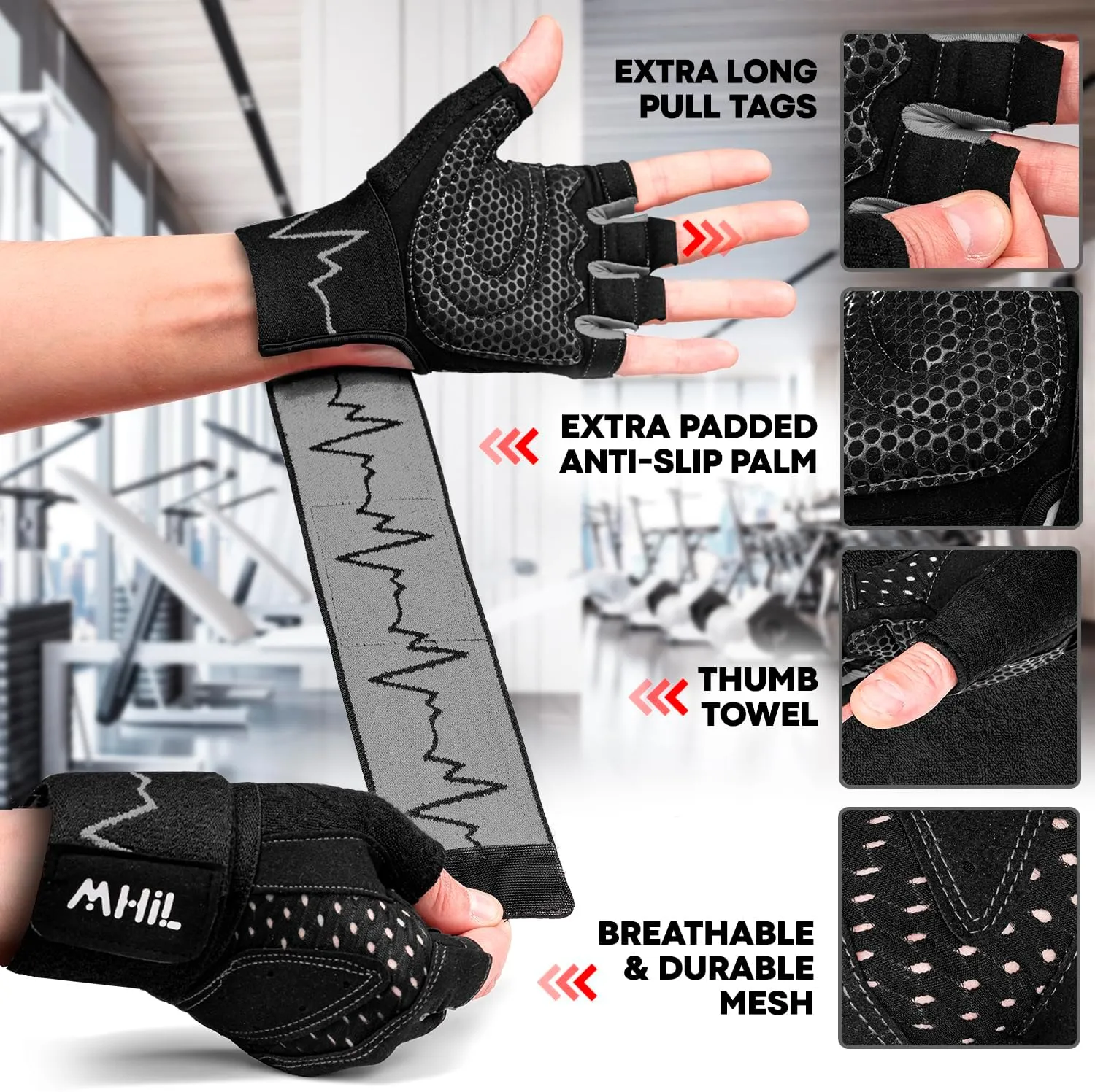 MhIL Workout Gloves for Men – Comfortable Gym Gloves for Men with Enhanced Grip for Safety and Hand Protection – Weight Lifting Protection with Wrist Wraps Support for Performance Boost and Style