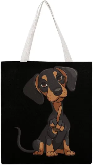 Middle Finger Gesture Dachshund Novelty Tote Bag Canvas Shoulder Bag Reusable Grocery Shopping Bag Funny Handbag Printed