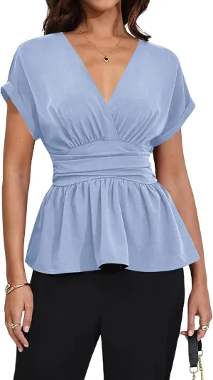 Milumia Women's V Neck Cap Sleeve Wrap Blouses Ruched Ruffle Hem Peplum Tops