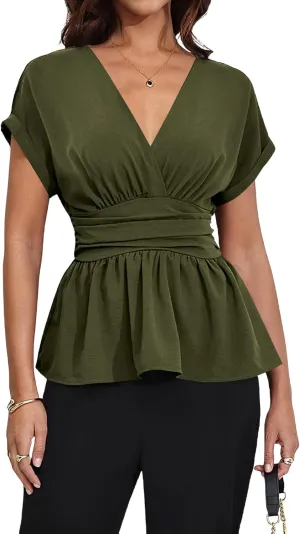 Milumia Women's V Neck Cap Sleeve Wrap Blouses Ruched Ruffle Hem Peplum Tops
