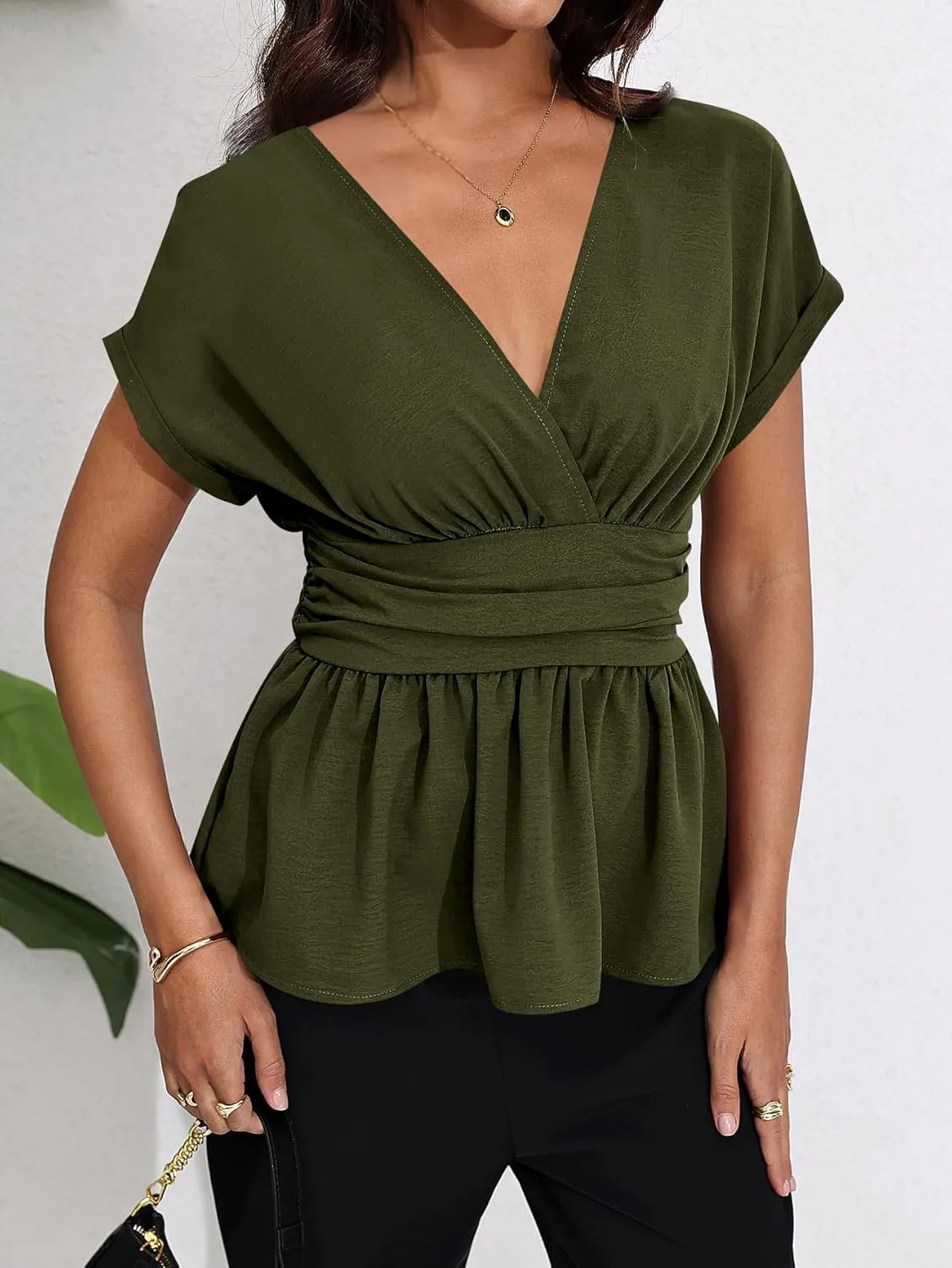 Milumia Women's V Neck Cap Sleeve Wrap Blouses Ruched Ruffle Hem Peplum Tops