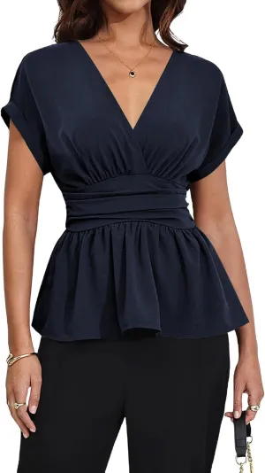 Milumia Women's V Neck Cap Sleeve Wrap Blouses Ruched Ruffle Hem Peplum Tops