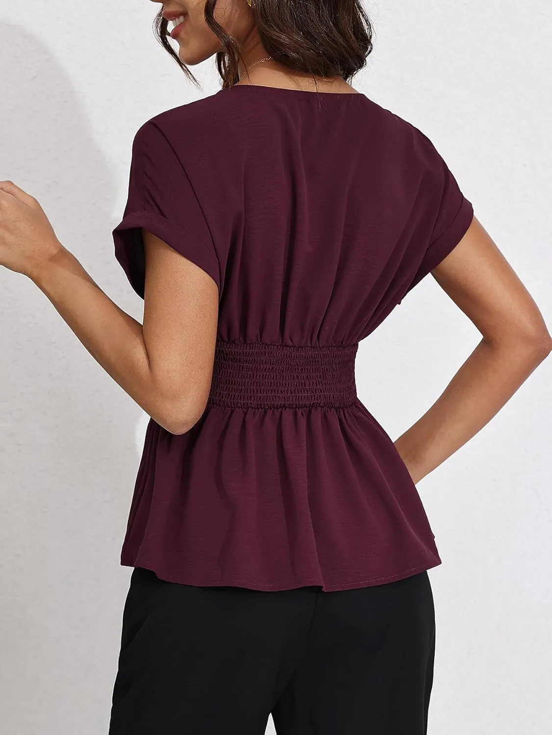 Milumia Women's V Neck Cap Sleeve Wrap Blouses Ruched Ruffle Hem Peplum Tops