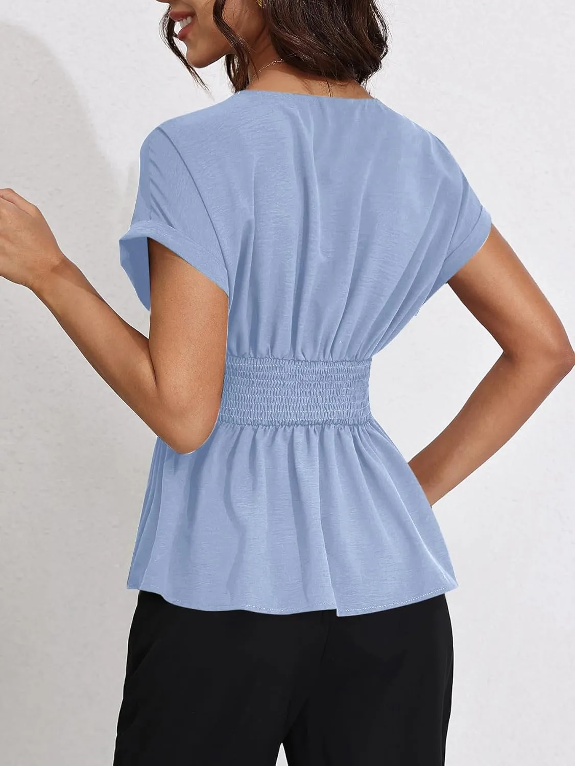 Milumia Women's V Neck Cap Sleeve Wrap Blouses Ruched Ruffle Hem Peplum Tops