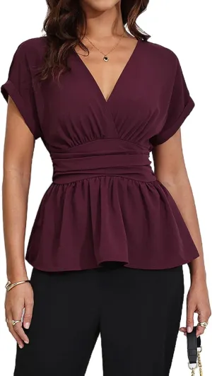 Milumia Women's V Neck Cap Sleeve Wrap Blouses Ruched Ruffle Hem Peplum Tops