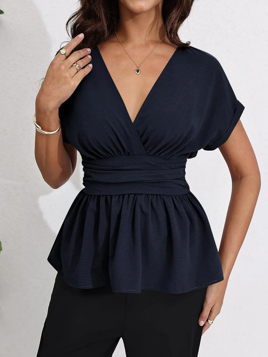 Milumia Women's V Neck Cap Sleeve Wrap Blouses Ruched Ruffle Hem Peplum Tops