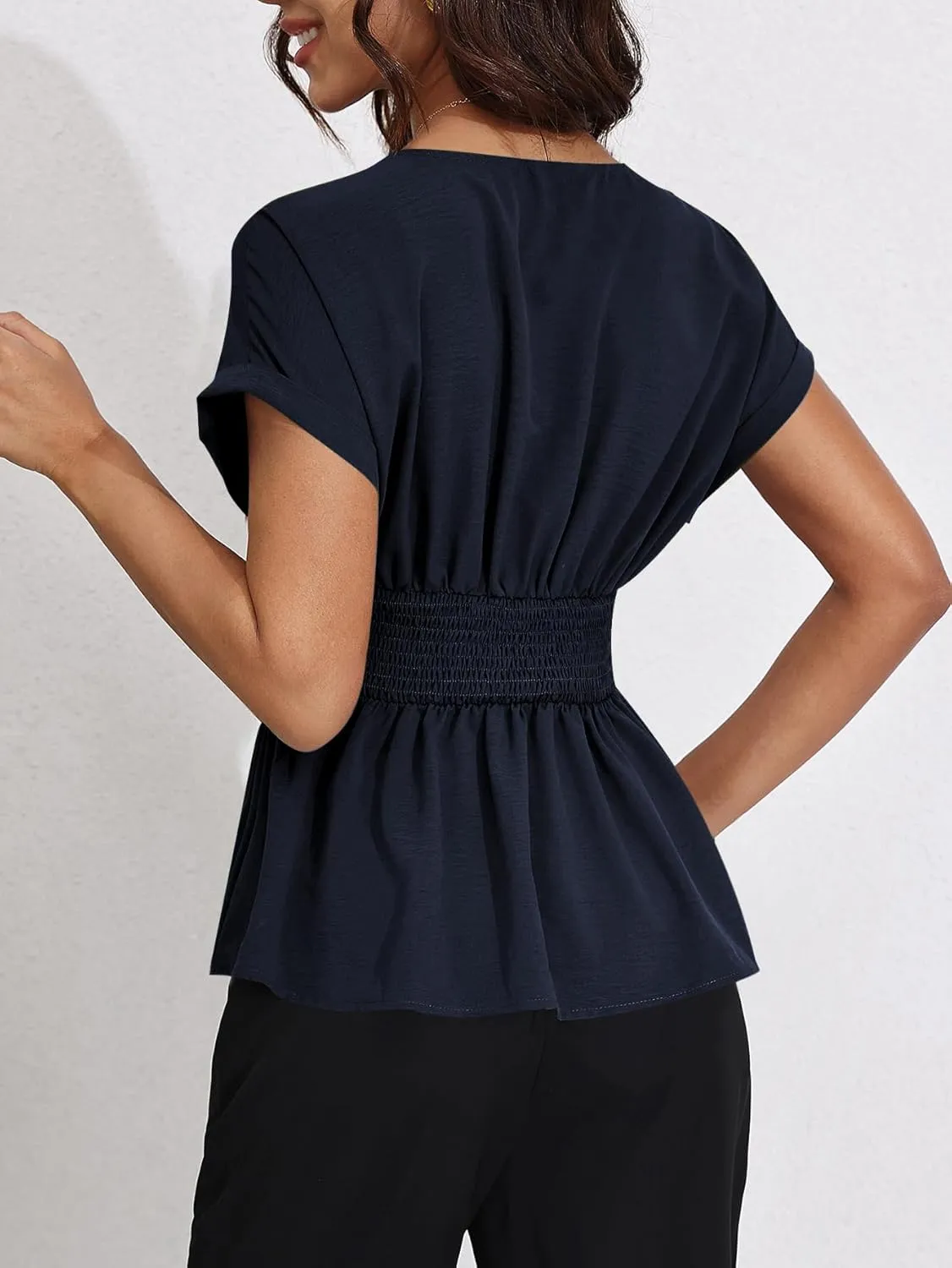 Milumia Women's V Neck Cap Sleeve Wrap Blouses Ruched Ruffle Hem Peplum Tops
