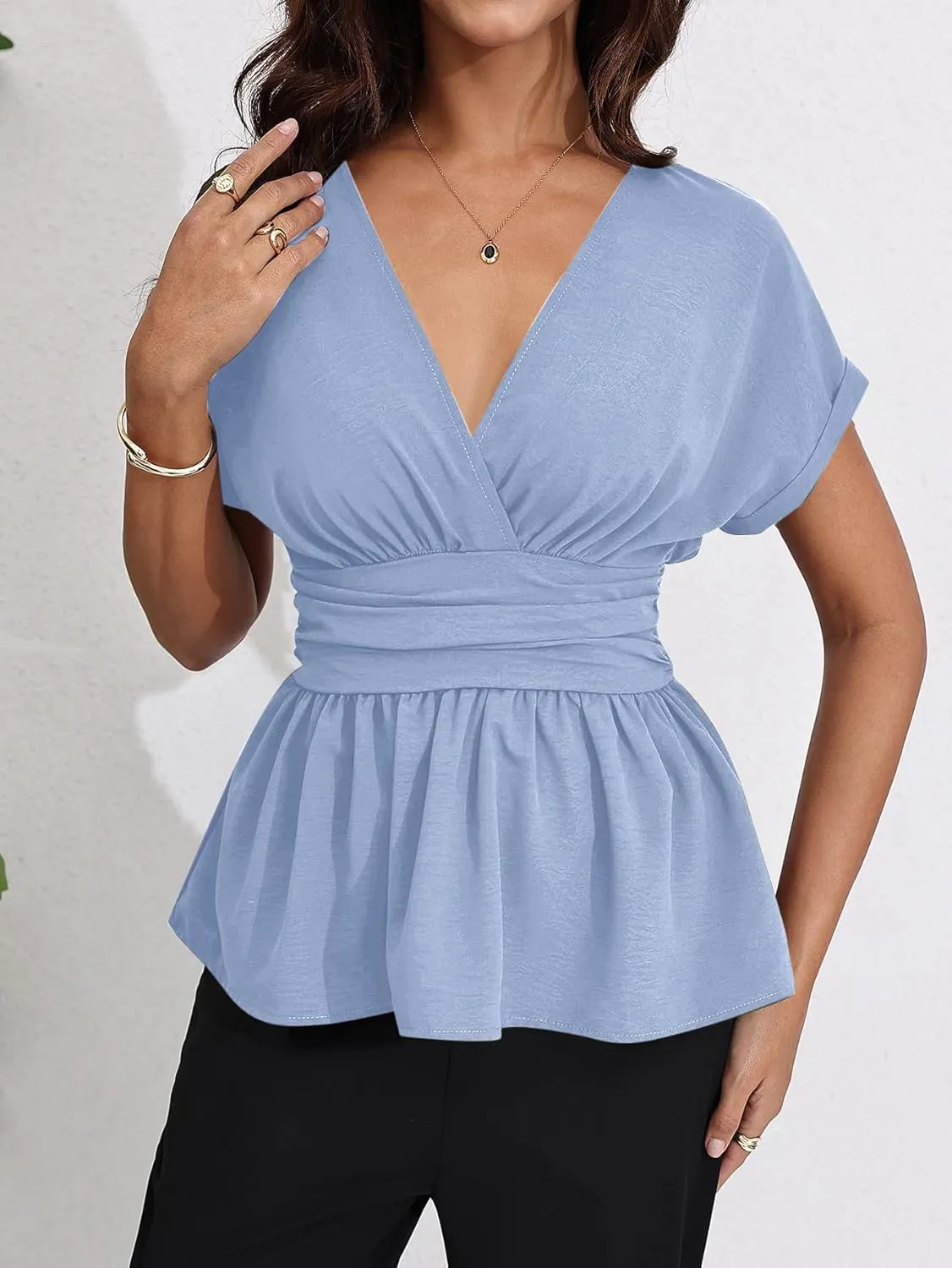 Milumia Women's V Neck Cap Sleeve Wrap Blouses Ruched Ruffle Hem Peplum Tops