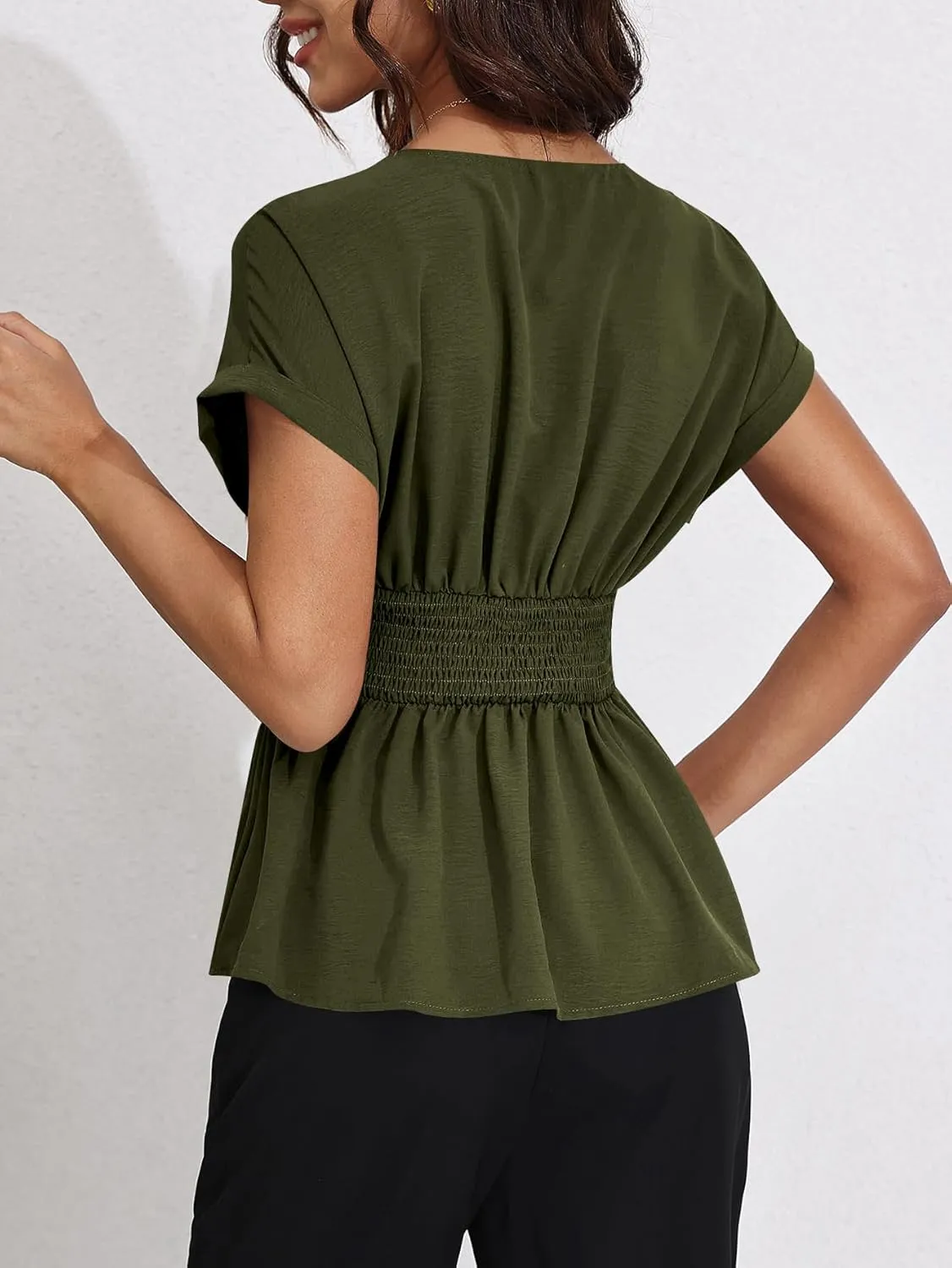 Milumia Women's V Neck Cap Sleeve Wrap Blouses Ruched Ruffle Hem Peplum Tops