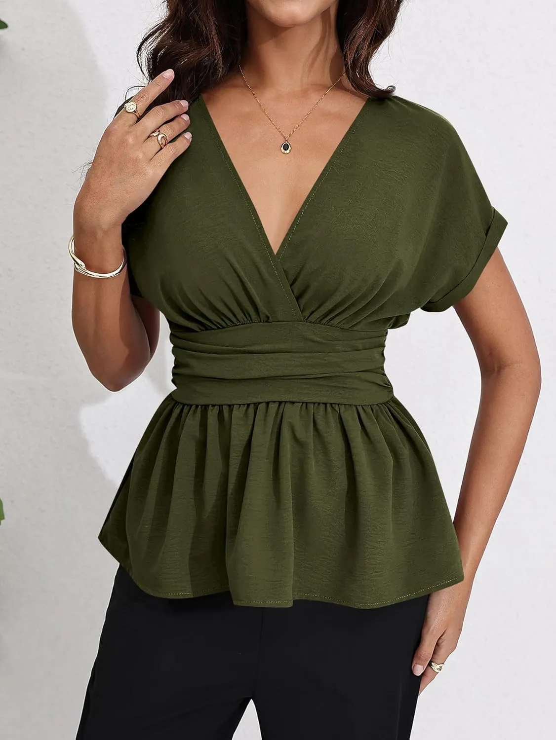 Milumia Women's V Neck Cap Sleeve Wrap Blouses Ruched Ruffle Hem Peplum Tops