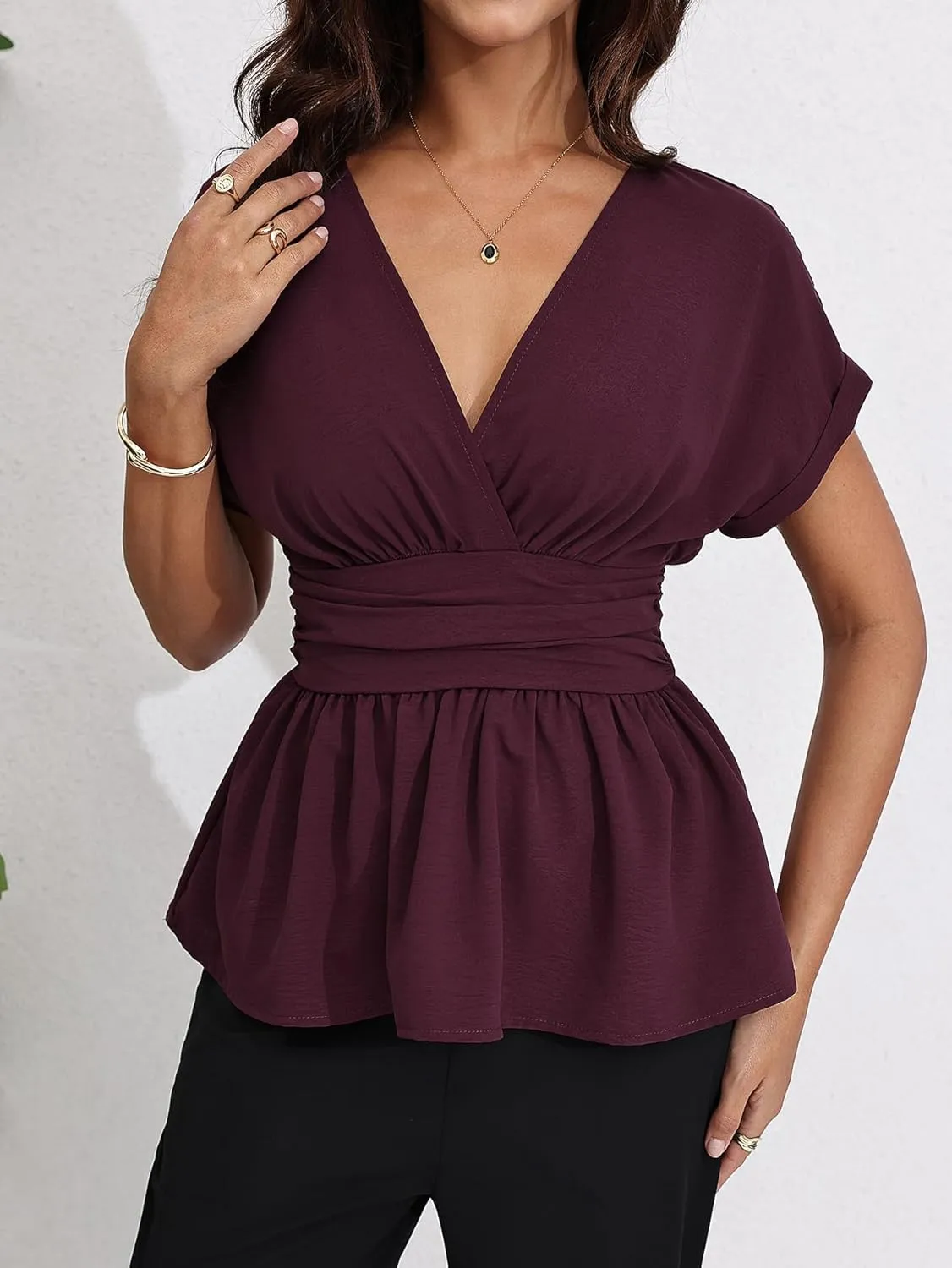 Milumia Women's V Neck Cap Sleeve Wrap Blouses Ruched Ruffle Hem Peplum Tops