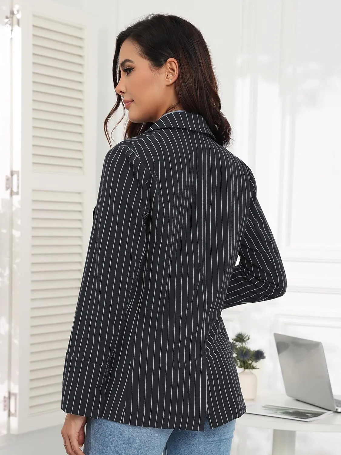 M.Infisavo Women's Casual Blazer for Work Office Loose Lapel Collar Stripe Open Front Stretch Dressy Business Jacket Suit