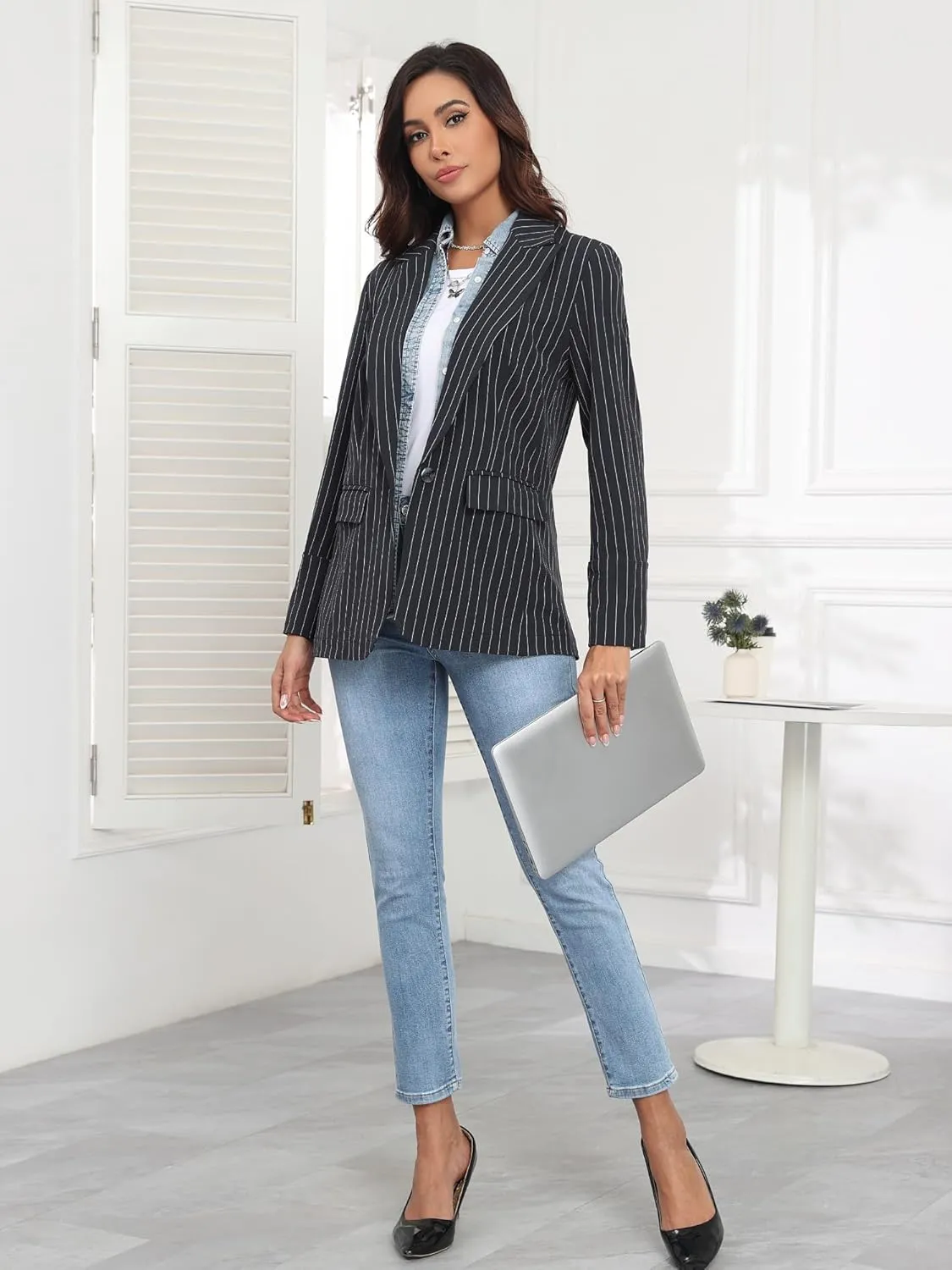 M.Infisavo Women's Casual Blazer for Work Office Loose Lapel Collar Stripe Open Front Stretch Dressy Business Jacket Suit