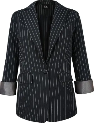 M.Infisavo Women's Casual Blazer for Work Office Loose Lapel Collar Stripe Open Front Stretch Dressy Business Jacket Suit