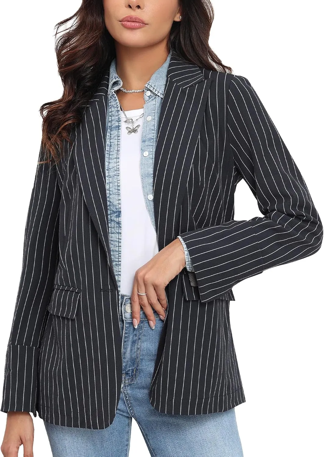 M.Infisavo Women's Casual Blazer for Work Office Loose Lapel Collar Stripe Open Front Stretch Dressy Business Jacket Suit