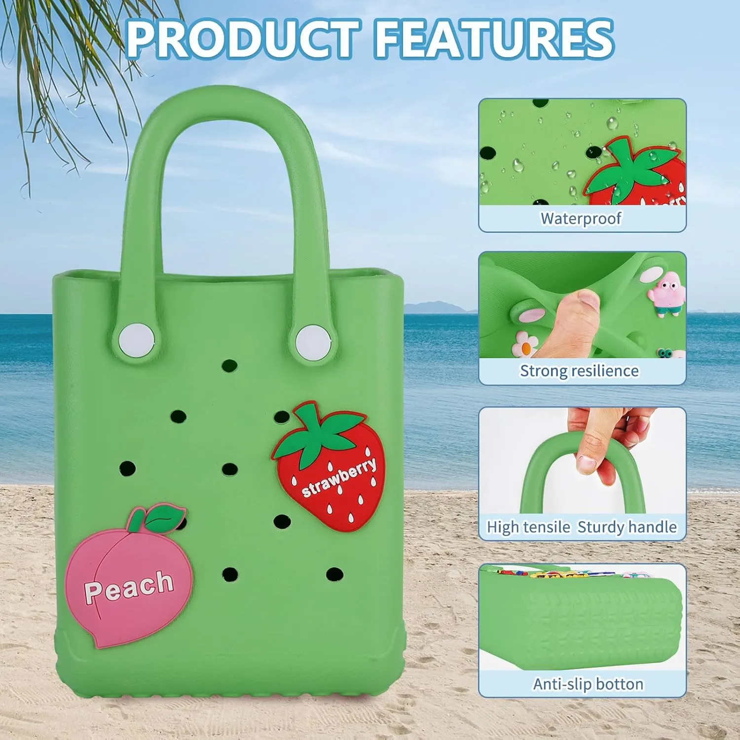 Mini Beach Rubber Tote Bag - Small Waterproof Bitty Washable Handbag with Charms for Women