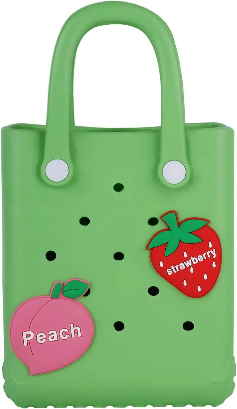 Mini Beach Rubber Tote Bag - Small Waterproof Bitty Washable Handbag with Charms for Women