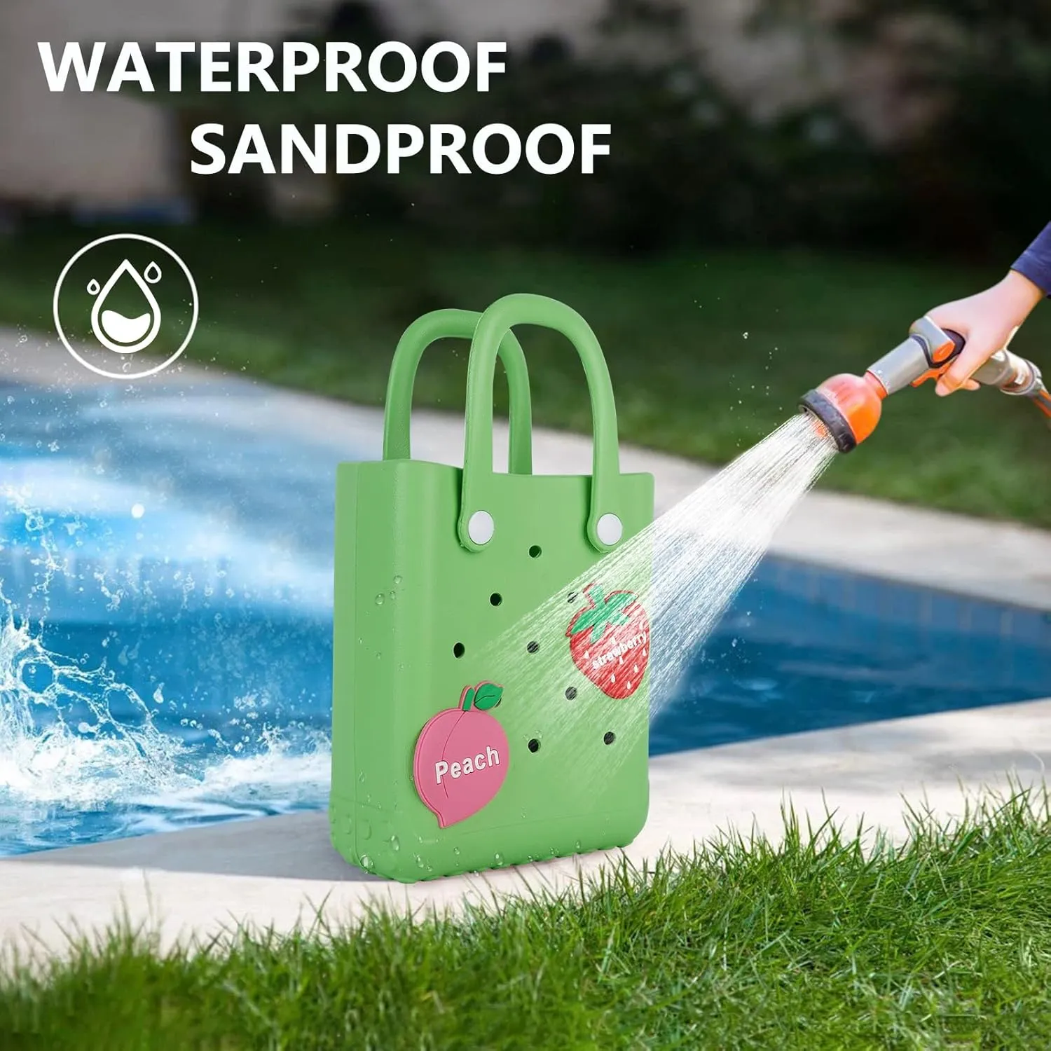Mini Beach Rubber Tote Bag - Small Waterproof Bitty Washable Handbag with Charms for Women