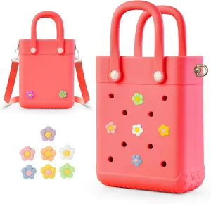 Mini Crossbody Rubber Tote Bag with 7 Charms X-Small Rubber Beach Bag for Little Girls and Woman