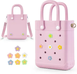 Mini Crossbody Rubber Tote Bag with 7 Charms X-Small Rubber Beach Bag for Little Girls and Woman