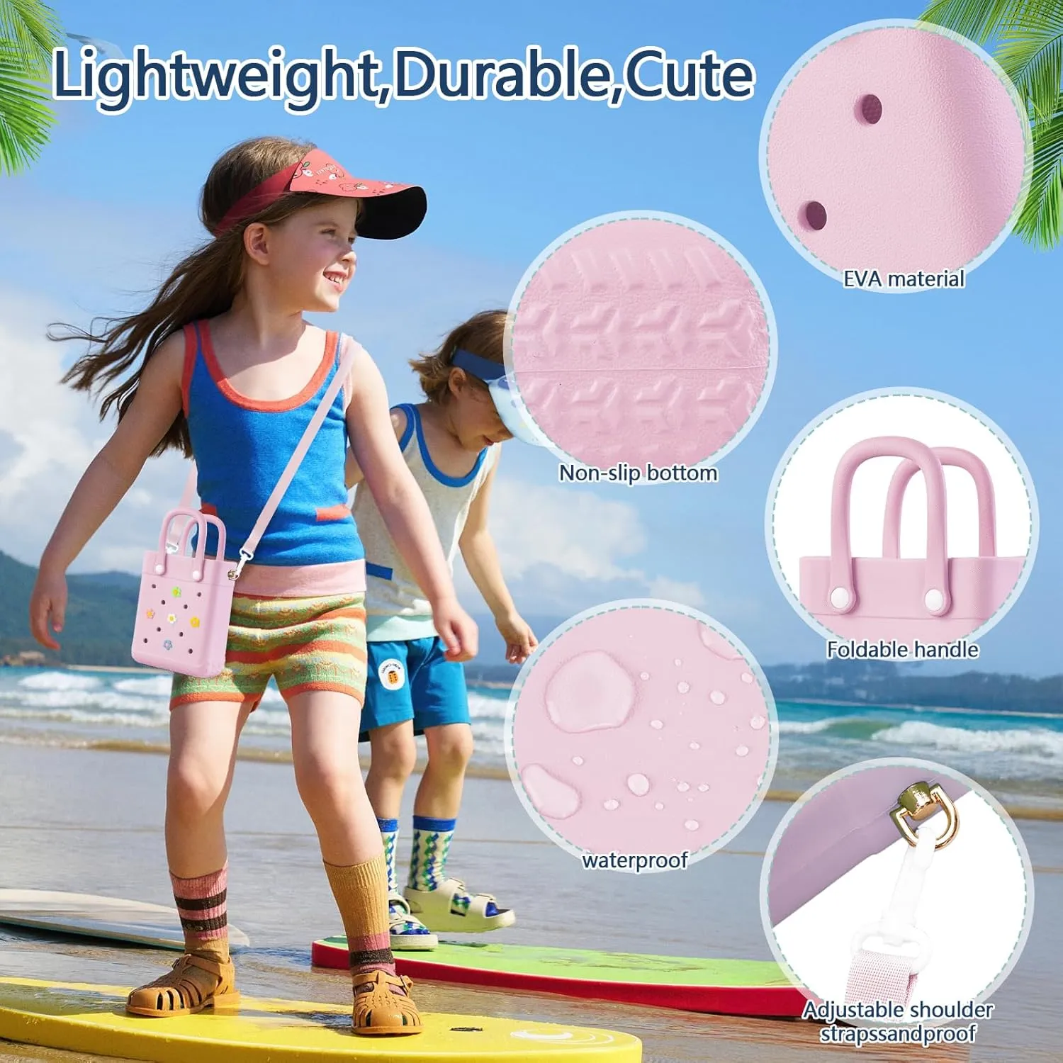 Mini Crossbody Rubber Tote Bag with 7 Charms X-Small Rubber Beach Bag for Little Girls and Woman