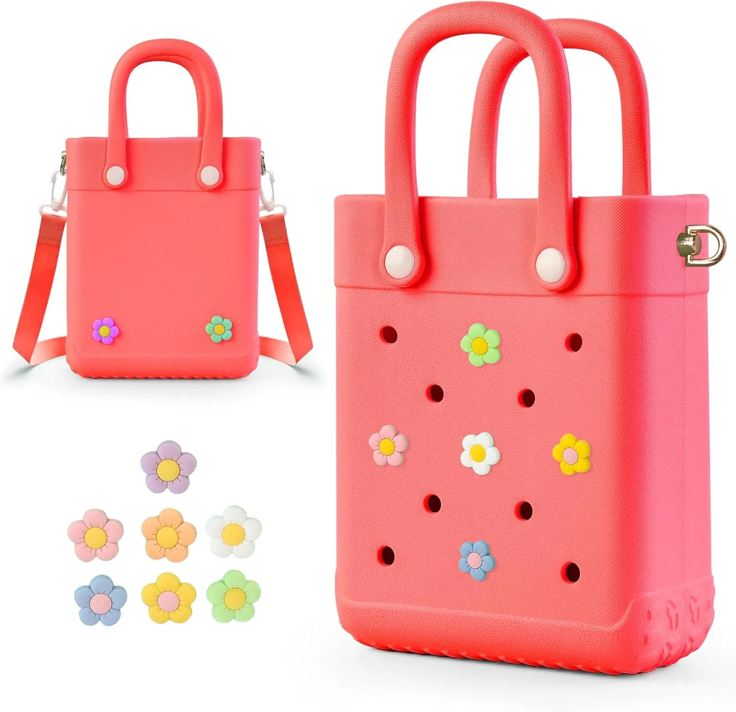 Mini Crossbody Rubber Tote Bag with 7 Charms X-Small Rubber Beach Bag for Little Girls and Woman