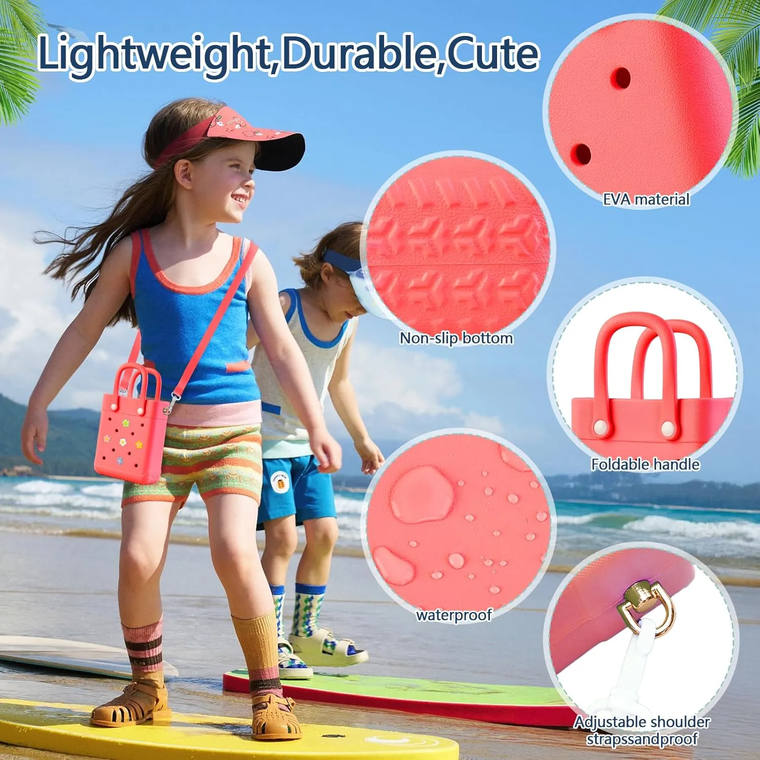 Mini Crossbody Rubber Tote Bag with 7 Charms X-Small Rubber Beach Bag for Little Girls and Woman