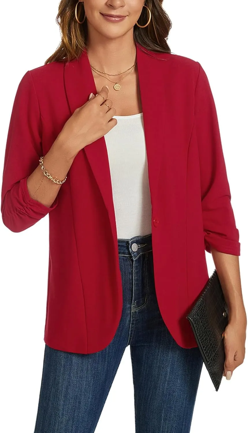 MINTLIMIT Blazers for Women 3/4 Ruched Sleeve Shawl Collar Open Front Business Jacket Blazer Work Office Blazers Jackets