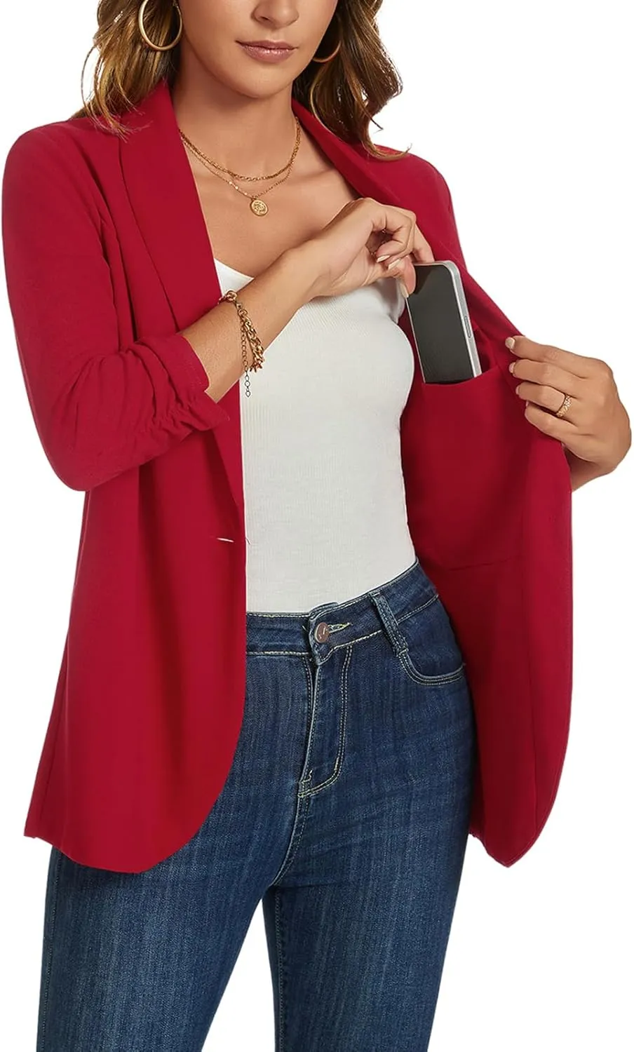 MINTLIMIT Blazers for Women 3/4 Ruched Sleeve Shawl Collar Open Front Business Jacket Blazer Work Office Blazers Jackets